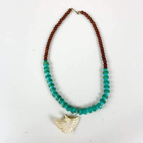 Southwestern Turquoise & Wood Heishi Necklace With Mother Of Pearl Eagle Pendant - Picture 3 of 5
